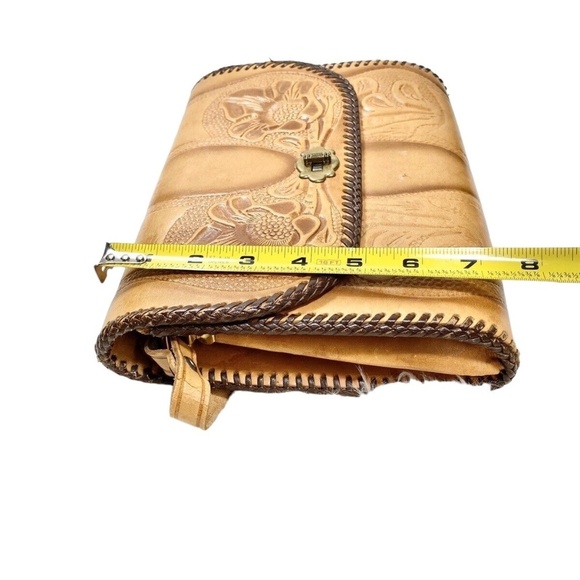 Vintage Hand Tooled Brown Leather Purse Adjustable Wide Strap Handbag - Picture 15 of 15